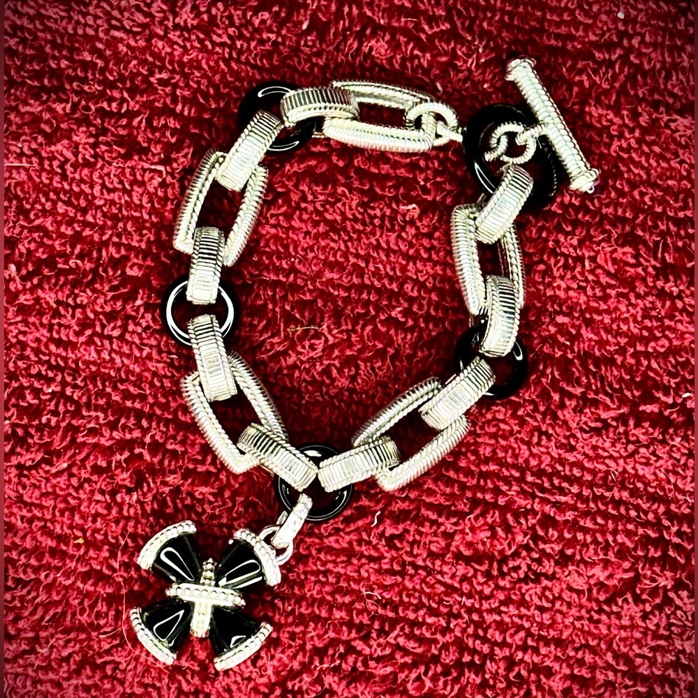 Judith Ripka Sterling Silver Black Onyx Cross Charm Bracelet item#0104